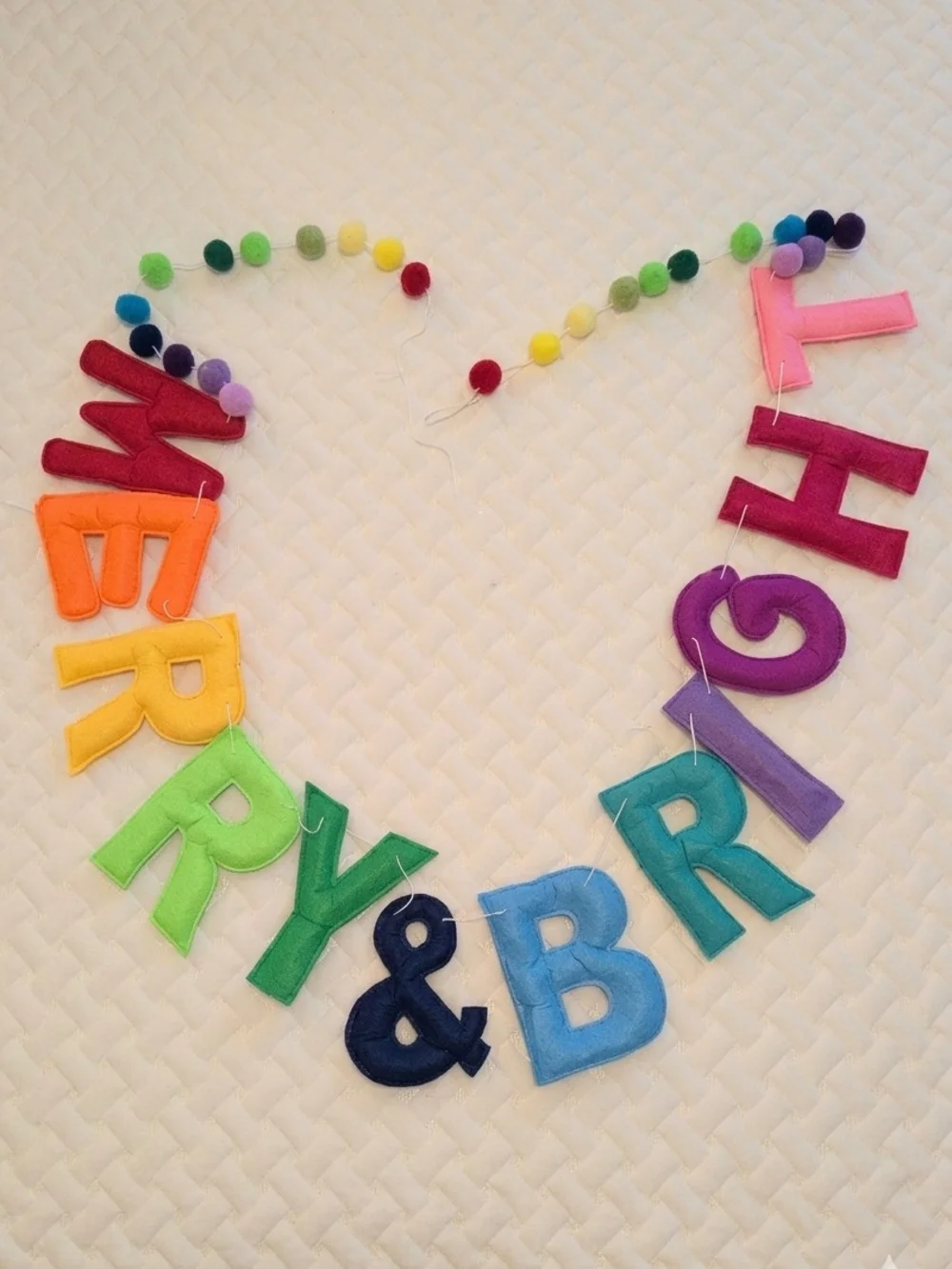 Merry & Bright Rainbow Felt Letter Garland Multicolor Banner with Pom Pom Balls